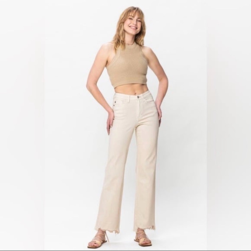 Judy Blue Khaki High Waist Distressed Hem Straight Leg Women 24W